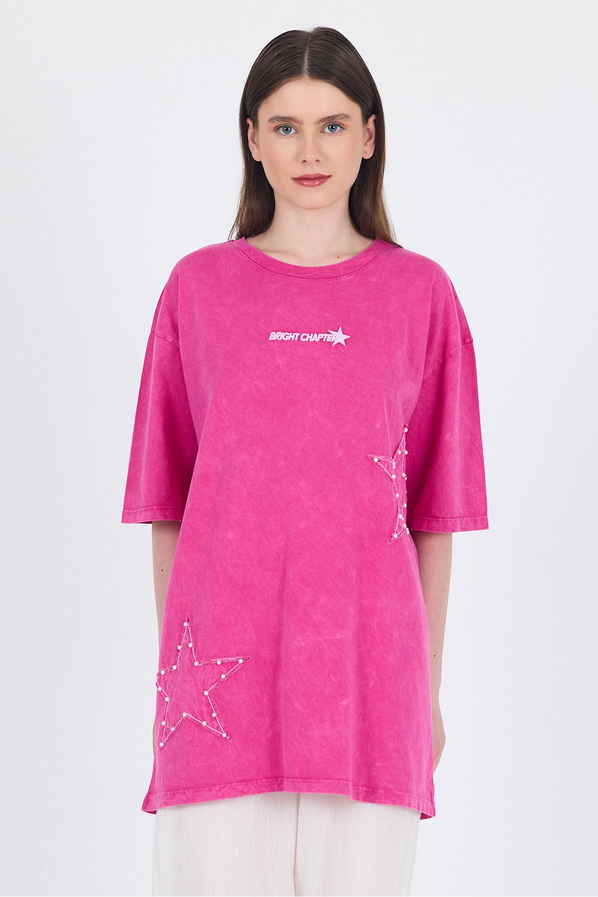 Rays Fuşya İnci Yıldız Nakışlı Oversize Tişört 253018