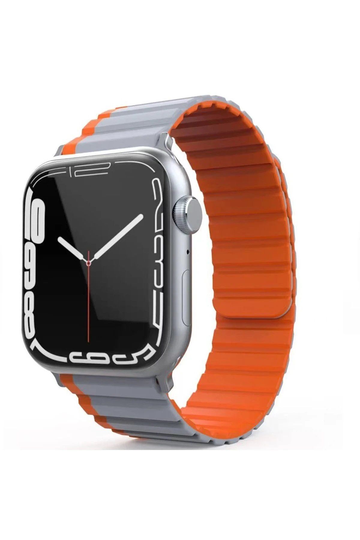 Toptan Bulurum Apple Watch 42mm MO-WB1 Çift Renk Mıknatıslı Silikon Kordon - Gri-Turuncu