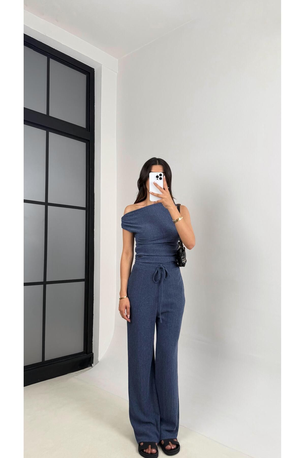 Gaus Mavi Asimetrik Bluz Beli Lastikli Pantolon Bürümcük Takım Gaus00532