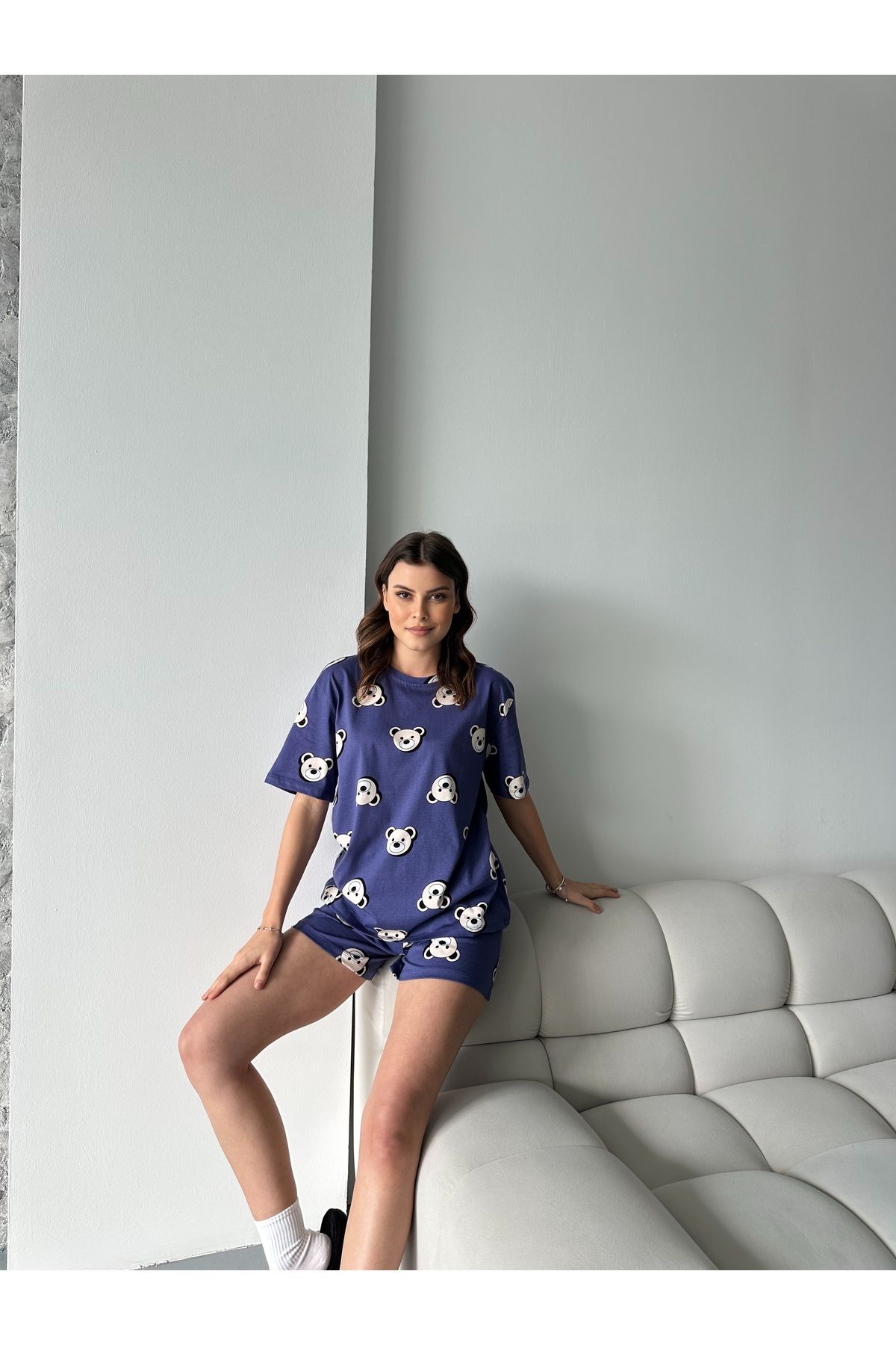 RPT MODA Organik Pamuklu Sevimli Ayıcık Baskılı Kısa Kollu Şortlu Kadın Pijama Takımı