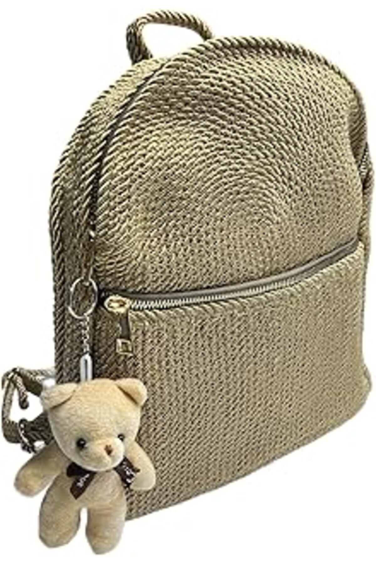 Mu Art Ahşap Mini Hasır Dokuma Sırt Çantası, Altın Rengi, Teddy Bear Charm, Fermuarlı Cep