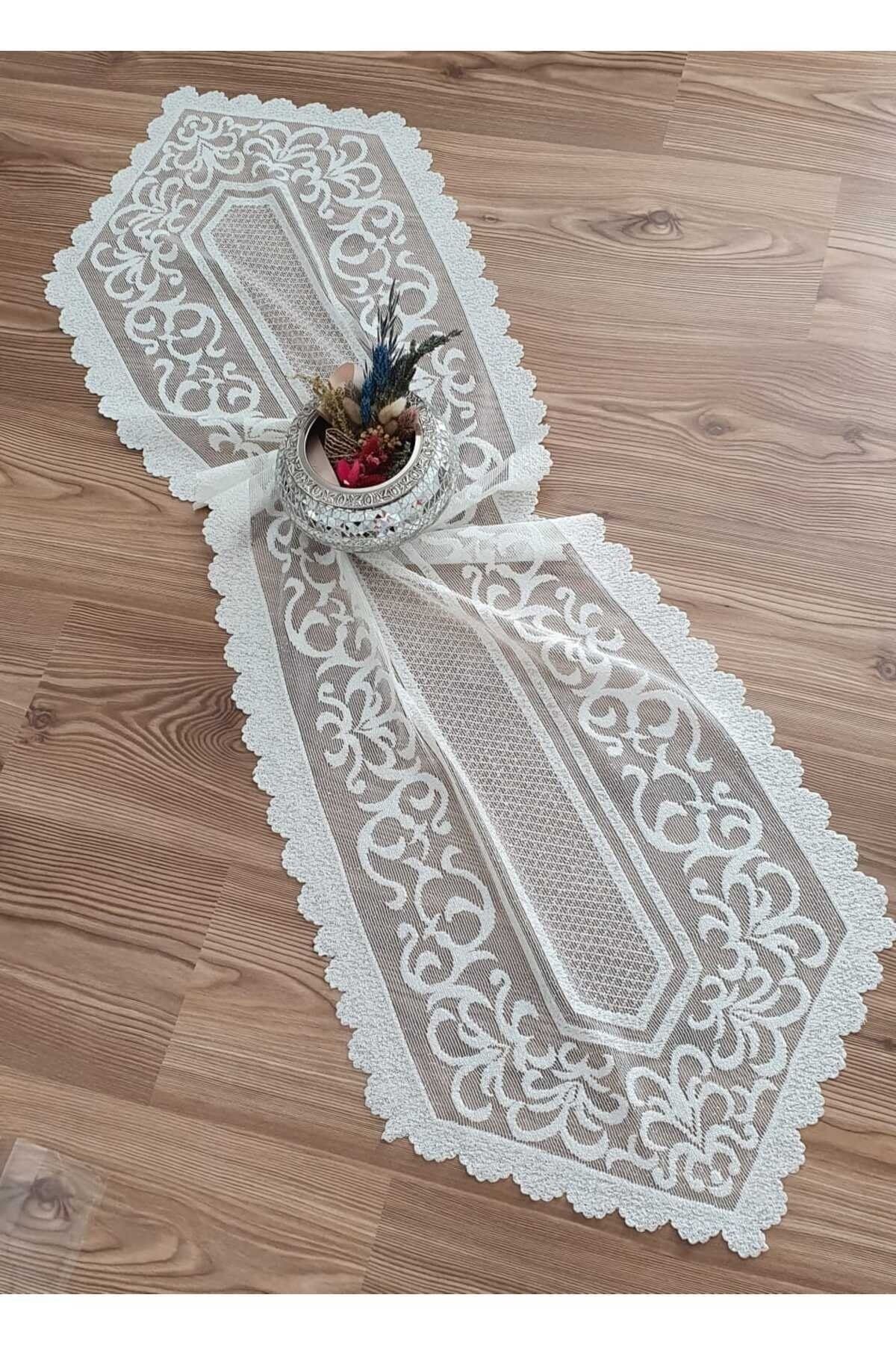 Elioure Krem Osmanlı Desenli Örme Tül Kumaş Runner 40x140