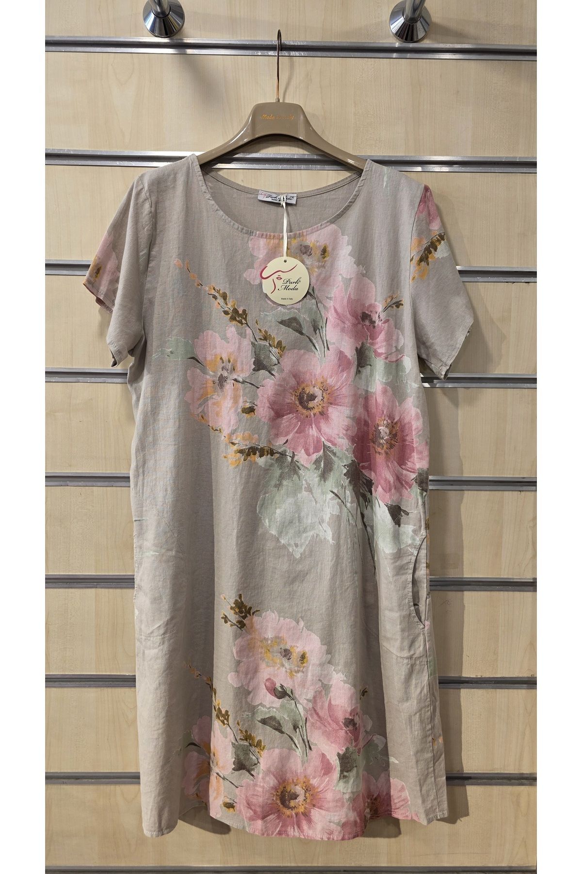 Park Moda İtalyan Kısa Keten Elbise Buket Desen