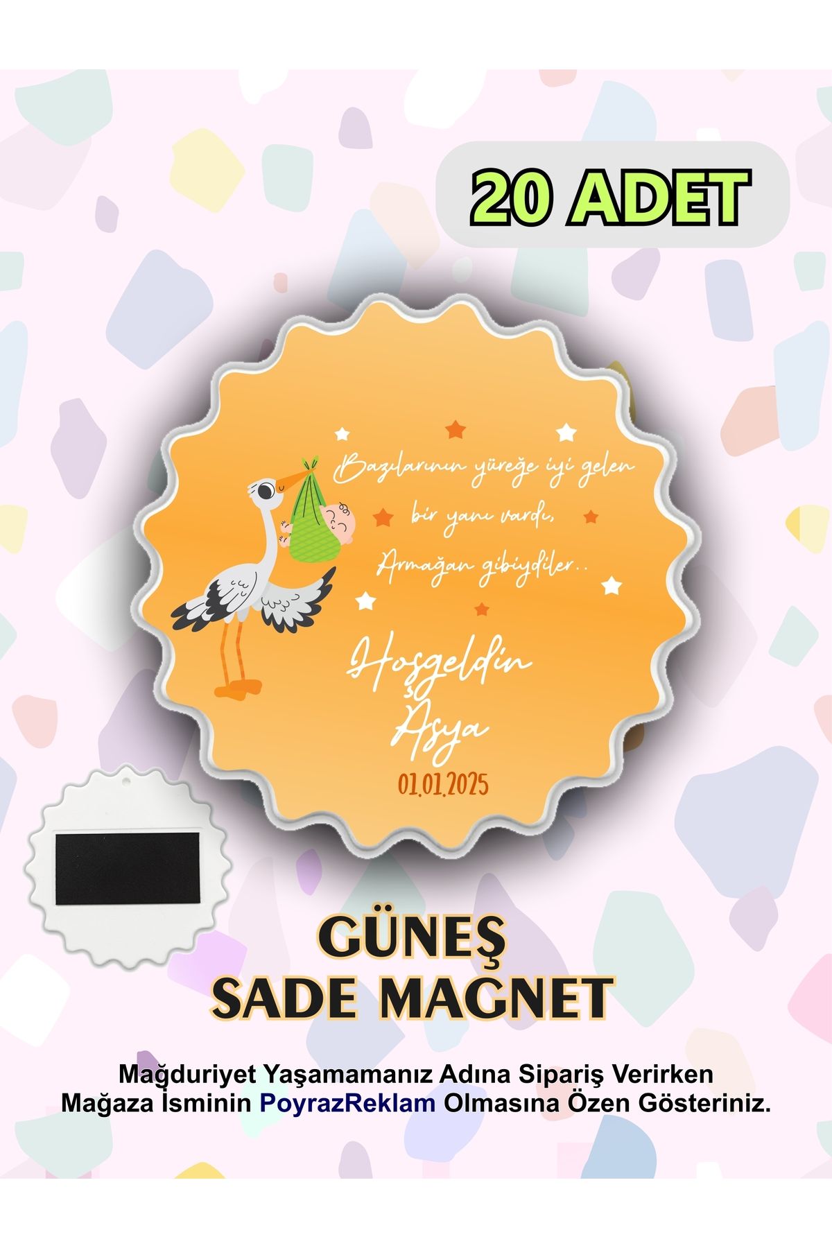 PoyrazReklamTasarım Hoşgeldin Bebek - Güneş Şeklinde Magnet - Yenidoğan Hediyelik - Mevlid - İsimli Tarihli (20 ADET)