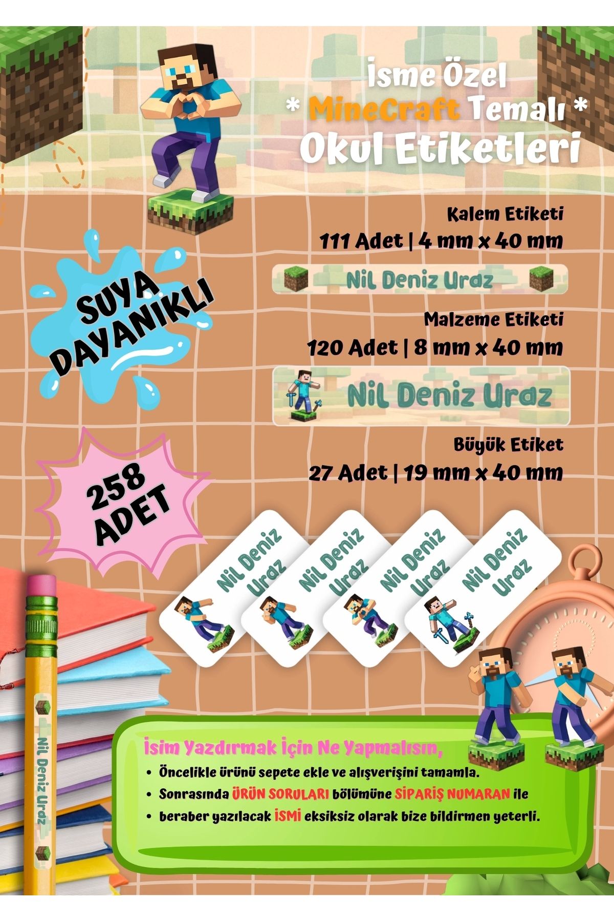 Ceres Studio Minecraft Temalı Kişiye Özel Suya Dayanıklı Okul Etiketi Seti - 258 Adet İsimli Etiket