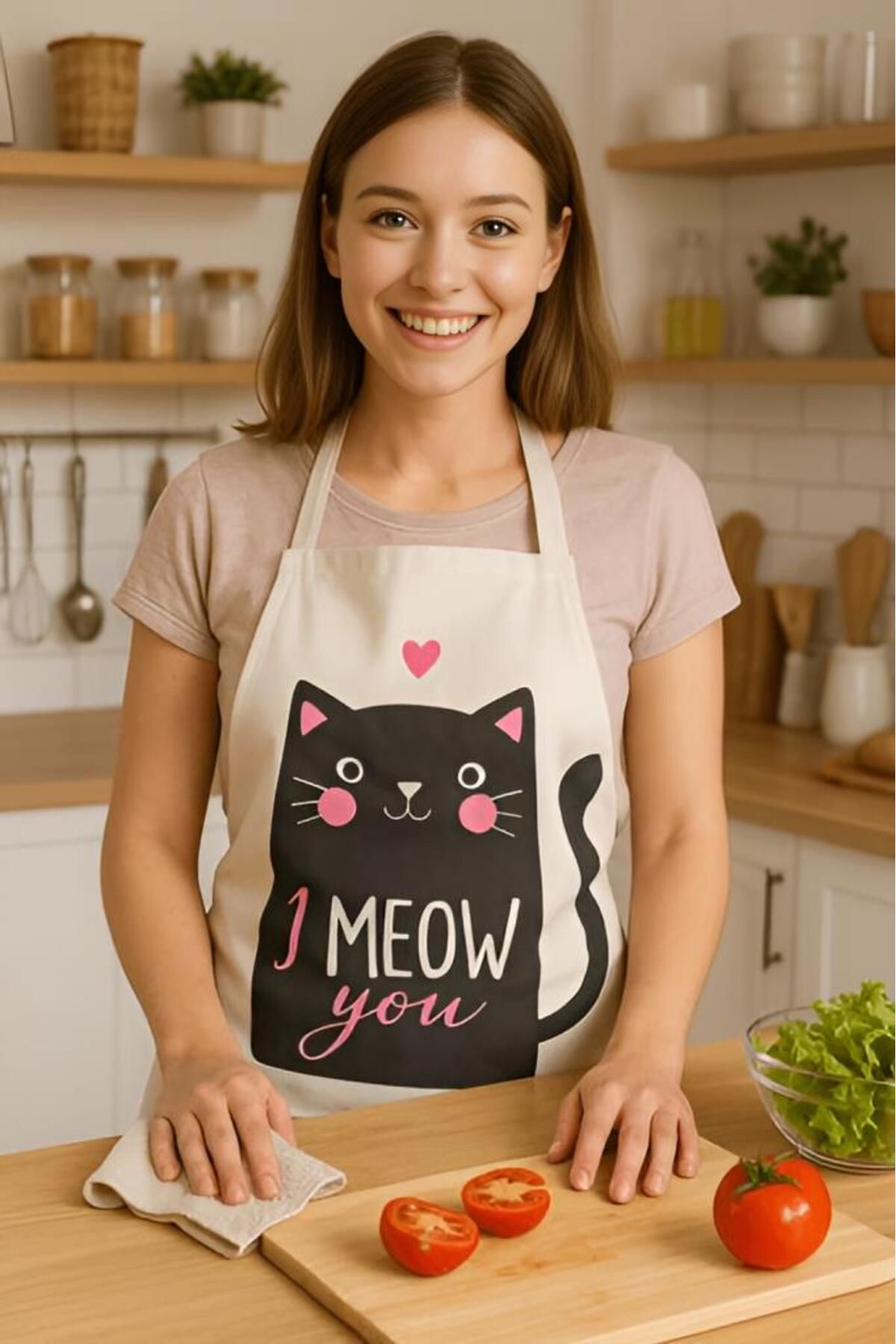 MODALİN-I Meow You Kitchen Apron with Cat Pattern, Liquid Proof Cute Design 3