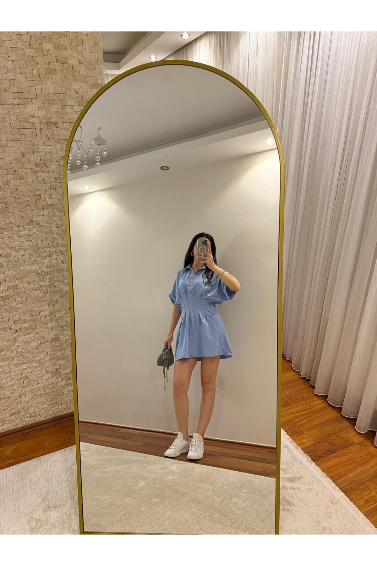 Mihri Atelier Butik MAVİ BELİ KORSELİ KETEN MİNİ ELBİSE