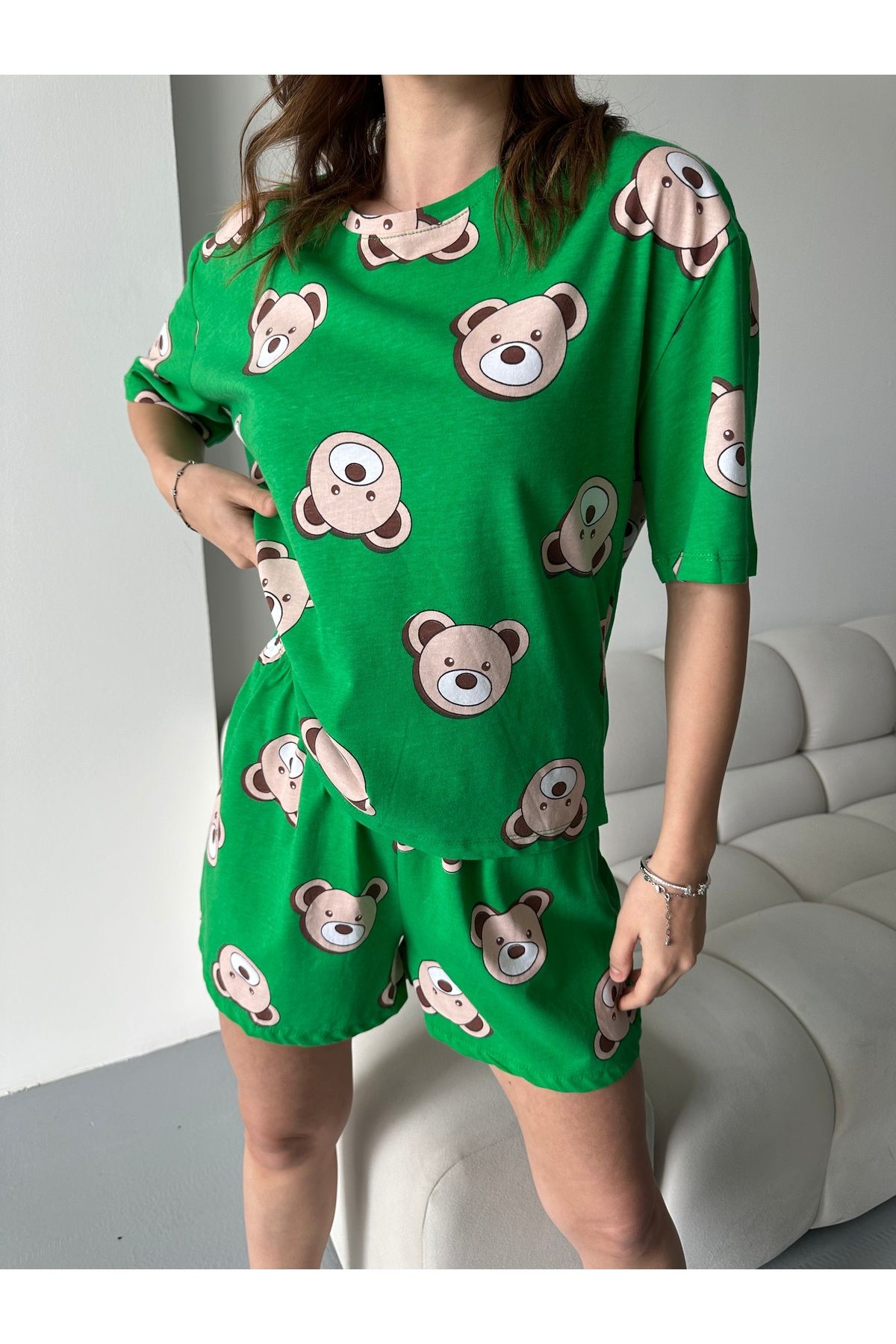 RPT MODA Organik Pamuklu Sevimli Ayıcık Baskılı Kısa Kollu Şortlu Kadın Pijama Takımı