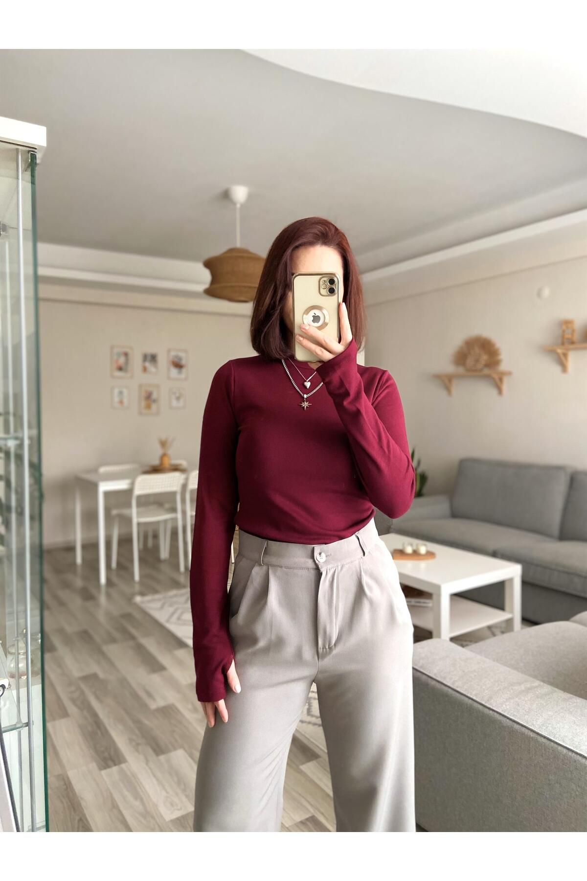 SIPAHI PARMAK GEÇMELİ BORDO BLUZ