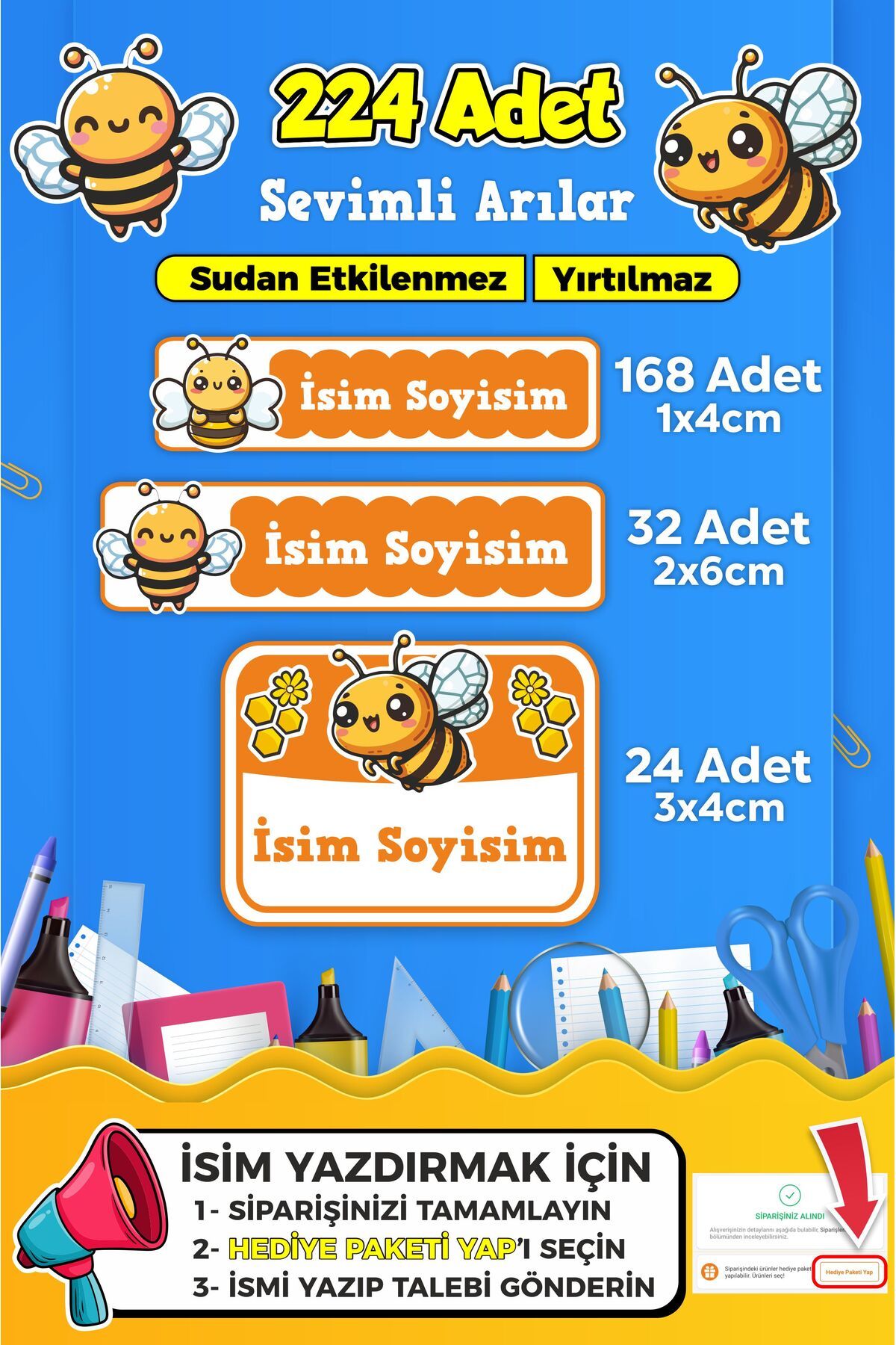 SB store Sevimli Arı Temalı Okul Kreş Kişiye Özel isim Etiket Seti - Model 448