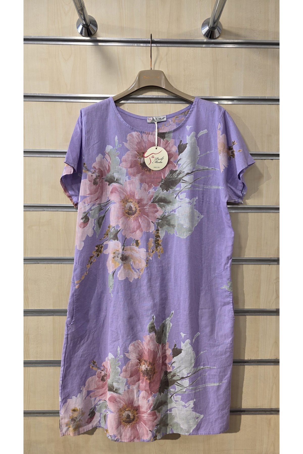 Park Moda İtalyan Kısa Keten Elbise Buket Desen