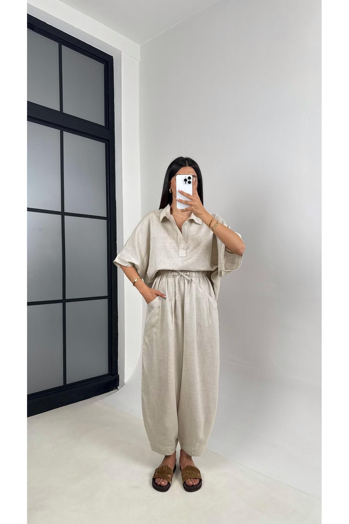 Gaus Taş Polo Yaka Yarasa Kol Bluz Şalvar Pantolon Md Muadil Premium Keten Takım Gaus00542