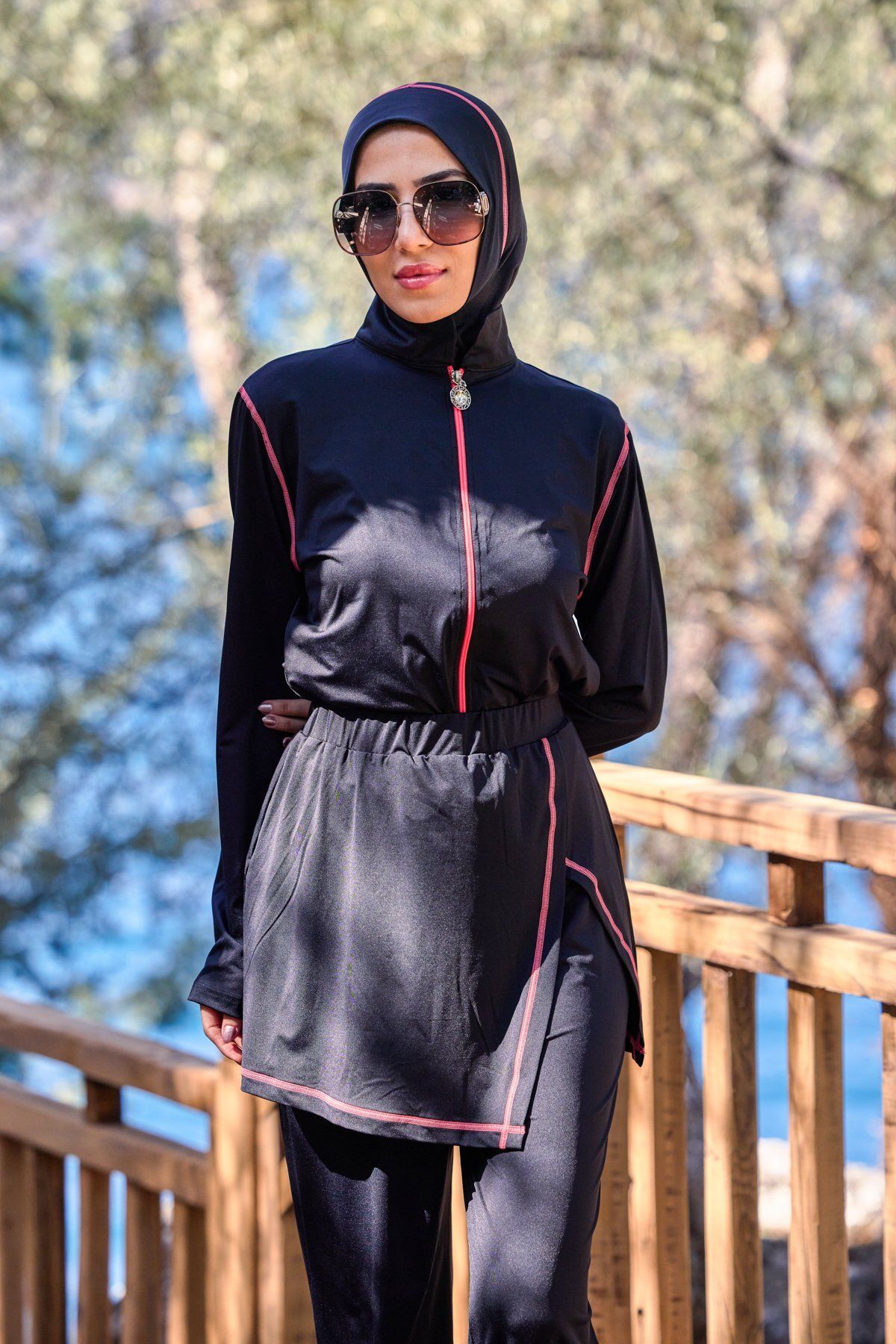 NS TASARIM MAYO-Powder Stripe Design Hijab Jumpsuit Swimsuit with Lycra Modular Skirt 3