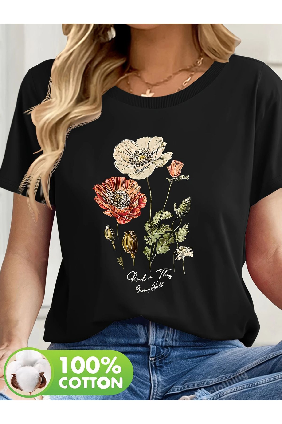İnazuma Outdoors Unisex Oversize Baskılı Pamuklu Bisiklet Yaka Kısa Kollu SİYAH T-shirt FLOWER