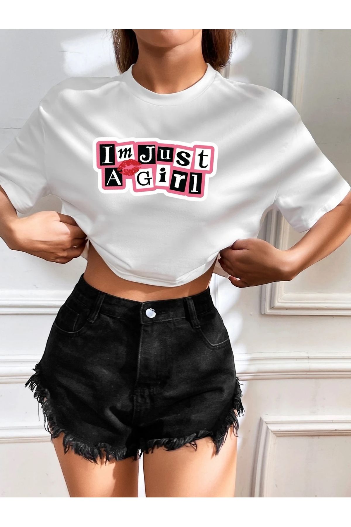 SOHR Kadın Oversize Crop I'm Just A Girl Tasarım T-shirt