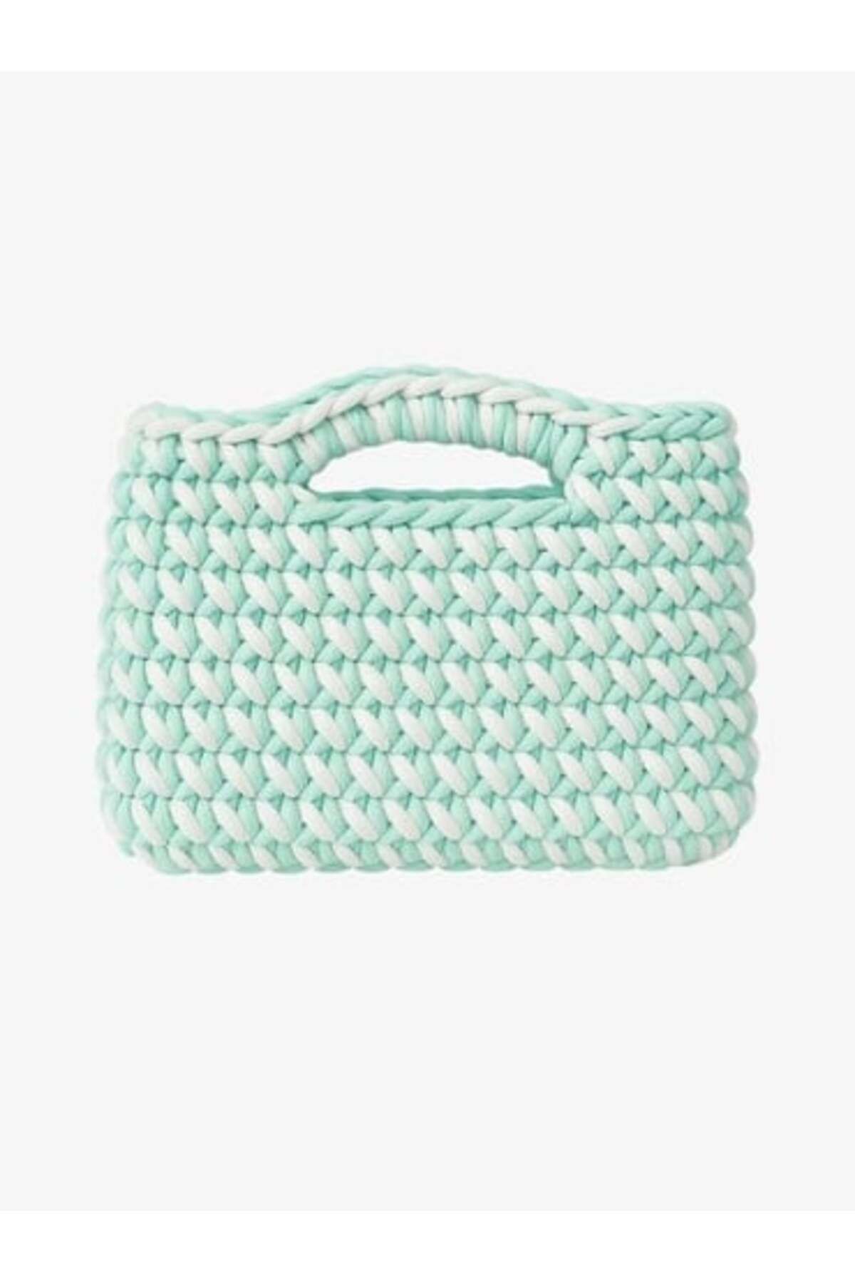 Qielle Penye İp Mint Yeşili Beyaz El Örmesi Clutch Çanta