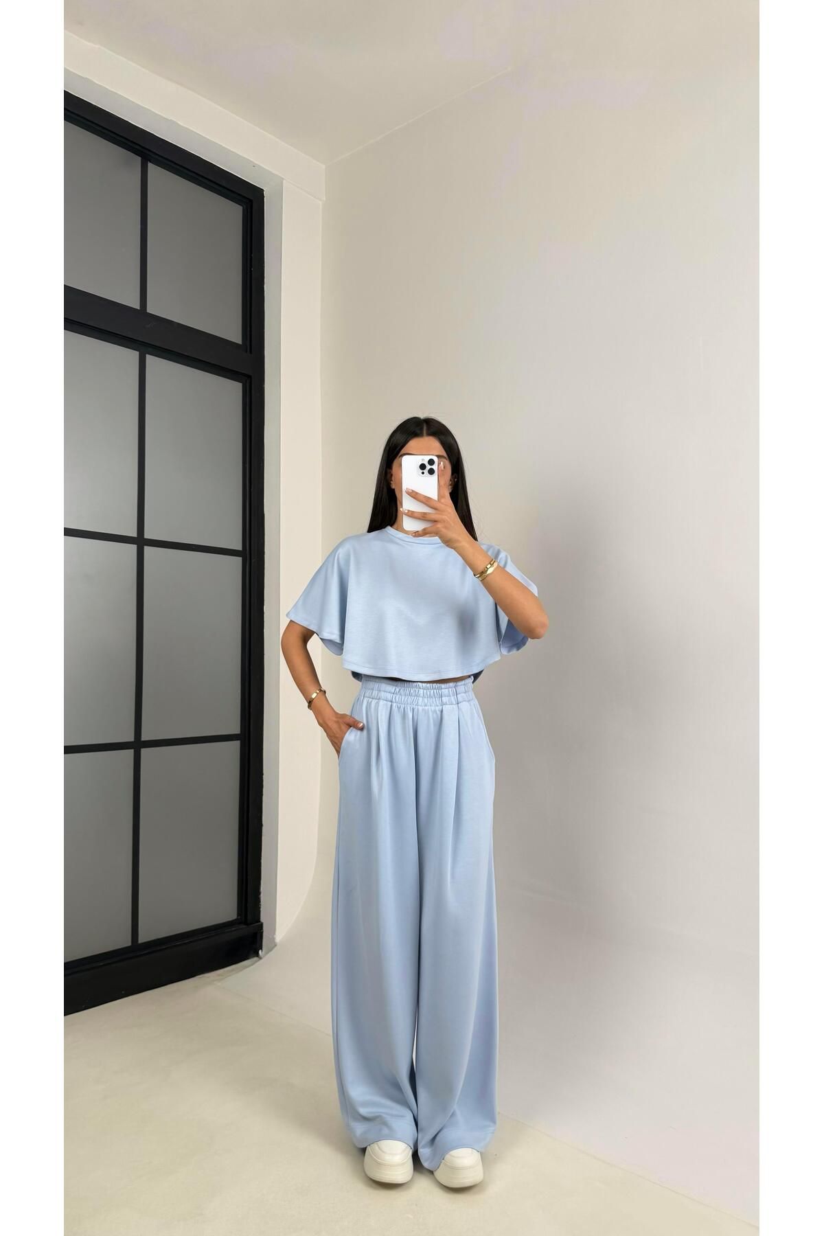 Gaus Bebek Mavisi Crop Beli Lastikli Palazzo Eşofman İkili Modal Kumaş Takım Gaus00545