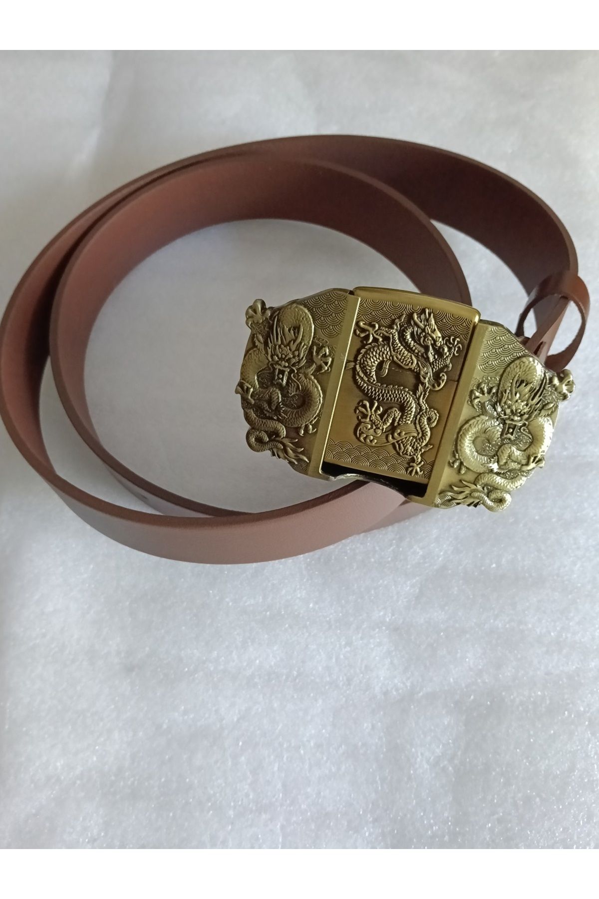 Butik Tülin Unisex otantik hakiki dana derisi kahve bronz 3 ejderha çakmaklı kovboy tokalı kemer Tayland