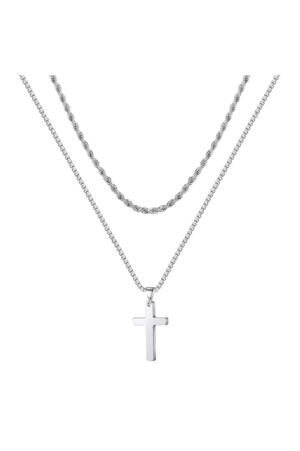 Tessero-Set doua lantisoare model Rope Chain si design cubic cu pandantiv in forma de cruce, otel inoxidabil 4