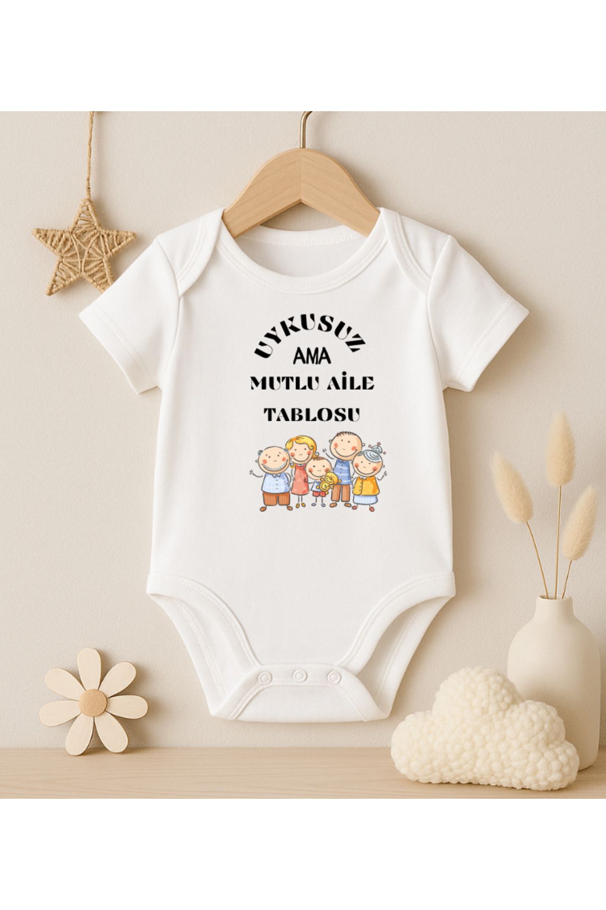 MODAT Uykusuz Ama Mutlu Aile Tablosu Yazılı Baskılı Bebek badi zıbın