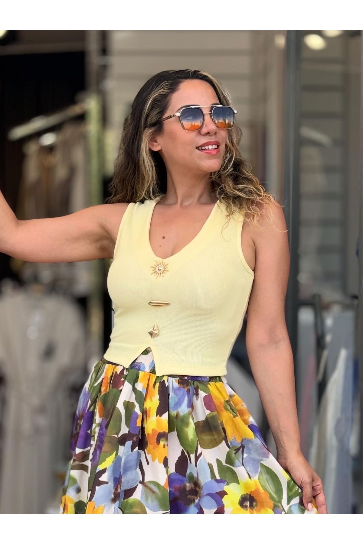 Rozella Butik Sarı Crop Bluz