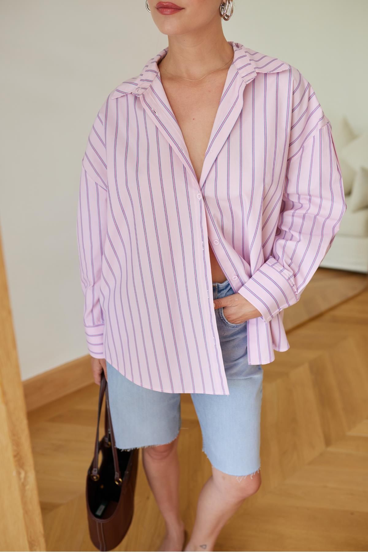 Askı Tekstil Pembe Oversize Çizgili Gömlek