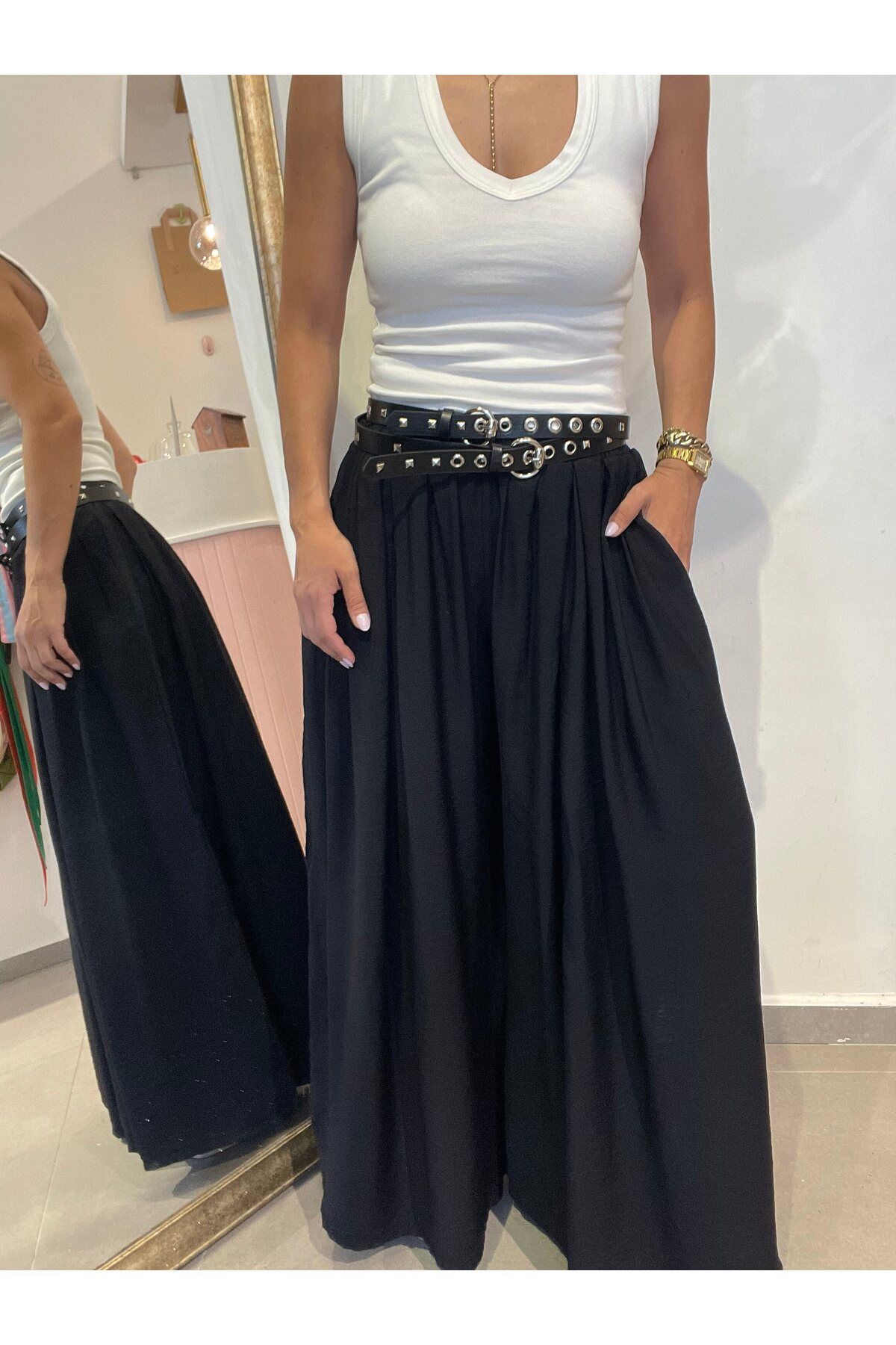 Butik Kadın, Lastikli Normal Bel, Çift Cepli, Bol Paça, Siyah, Etek Görünümlü Pantolon
