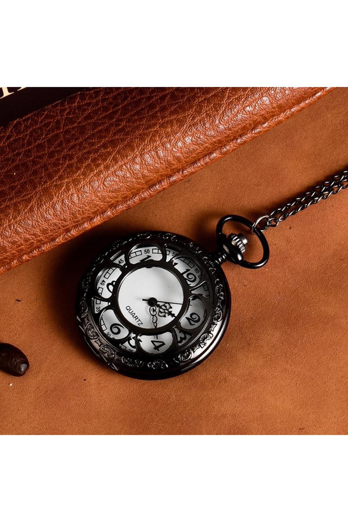 valkyrie Vintage Retro Roma Rakamlı İşlemeli Cep Köstekli Saat Siyah