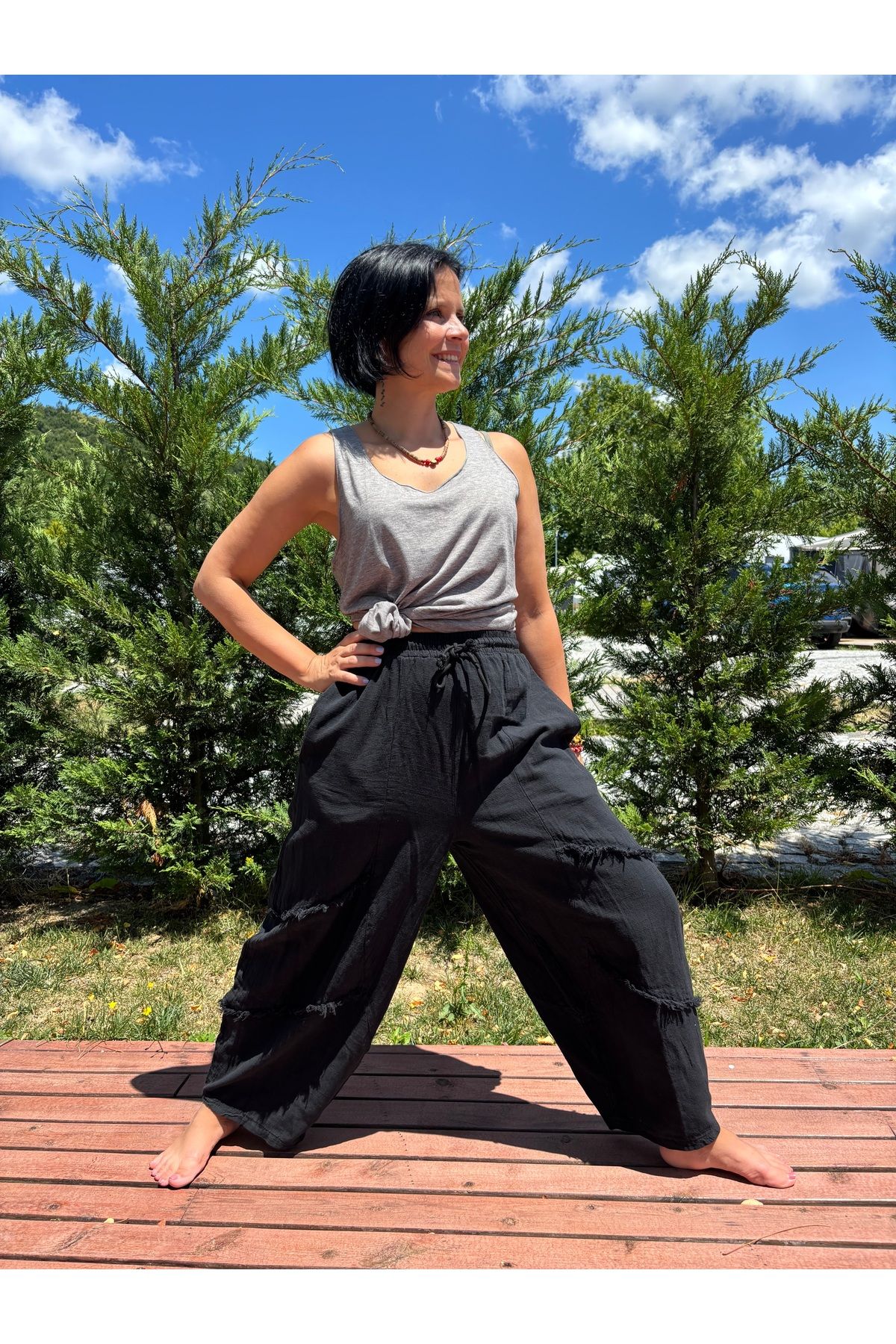 Bohoyasam Unisex Bohem Bol Paça Pantolon, Rahat Salaş Kesim, Lastikli Bel, %100 Pamuk, Haki, Kahve, Siyah, Bej