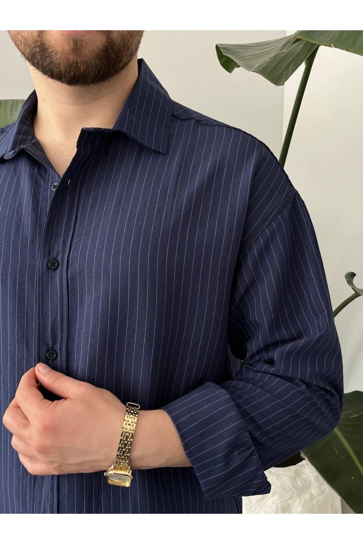 ONUR ERBİL MODA Erkek Lacivert İnce Çizgili Günlük Rahat Gömlek