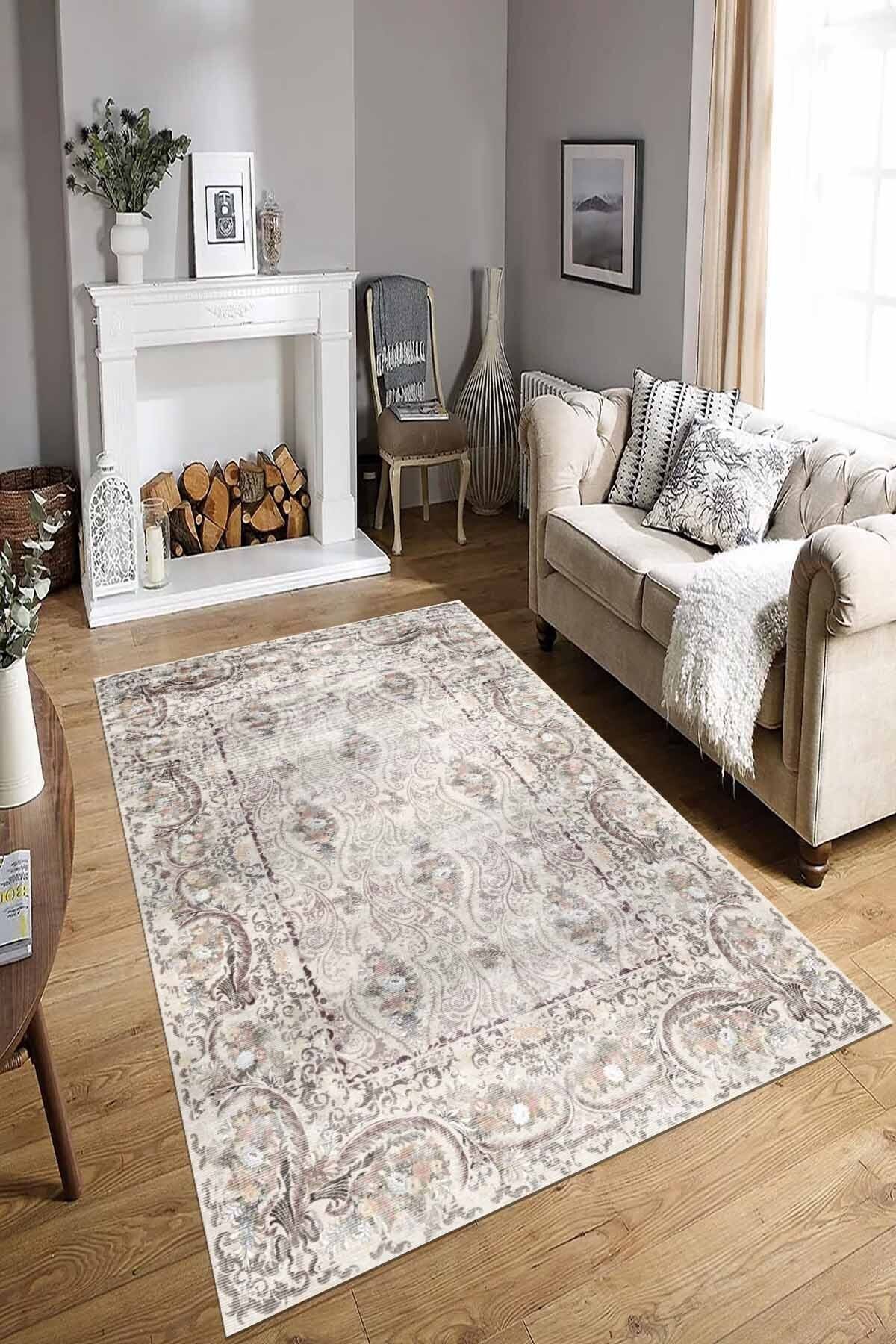 Lattedizayn Falika Eskitme Yıkanabilir Kaymaz Pamuk Taban Kadife Salon Mutfak Halısı Yolluk Kilim