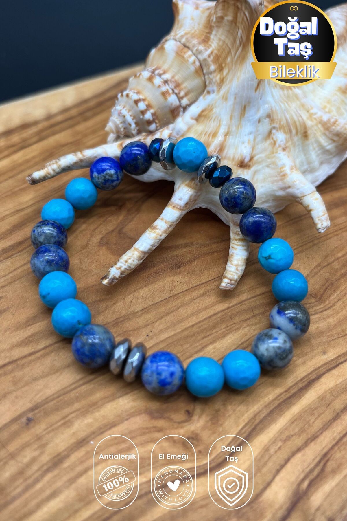 Balzamin Design Mavi Uyum – Lapis Lazuli Turkuaz Hematit Doğal Taş Esnek Kombin Unisex Bileklik