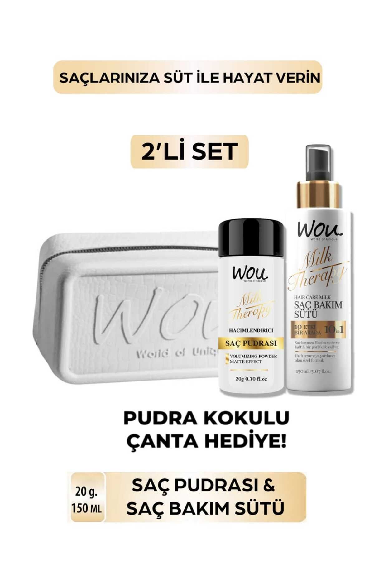 WOU World of Unique Milk Therapy Saç Bakım Sütü 150 Ml & Saç Pudrası 20 Gr/ Pudra Kokulu Makyaj Çantası