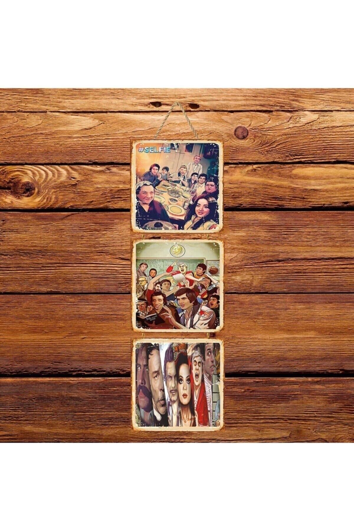 Elioure Retro Ahşap Poster Üçlü, Yeşilçam Efsaneleri Temalı, Şık ve Dekoratif Tasarım
