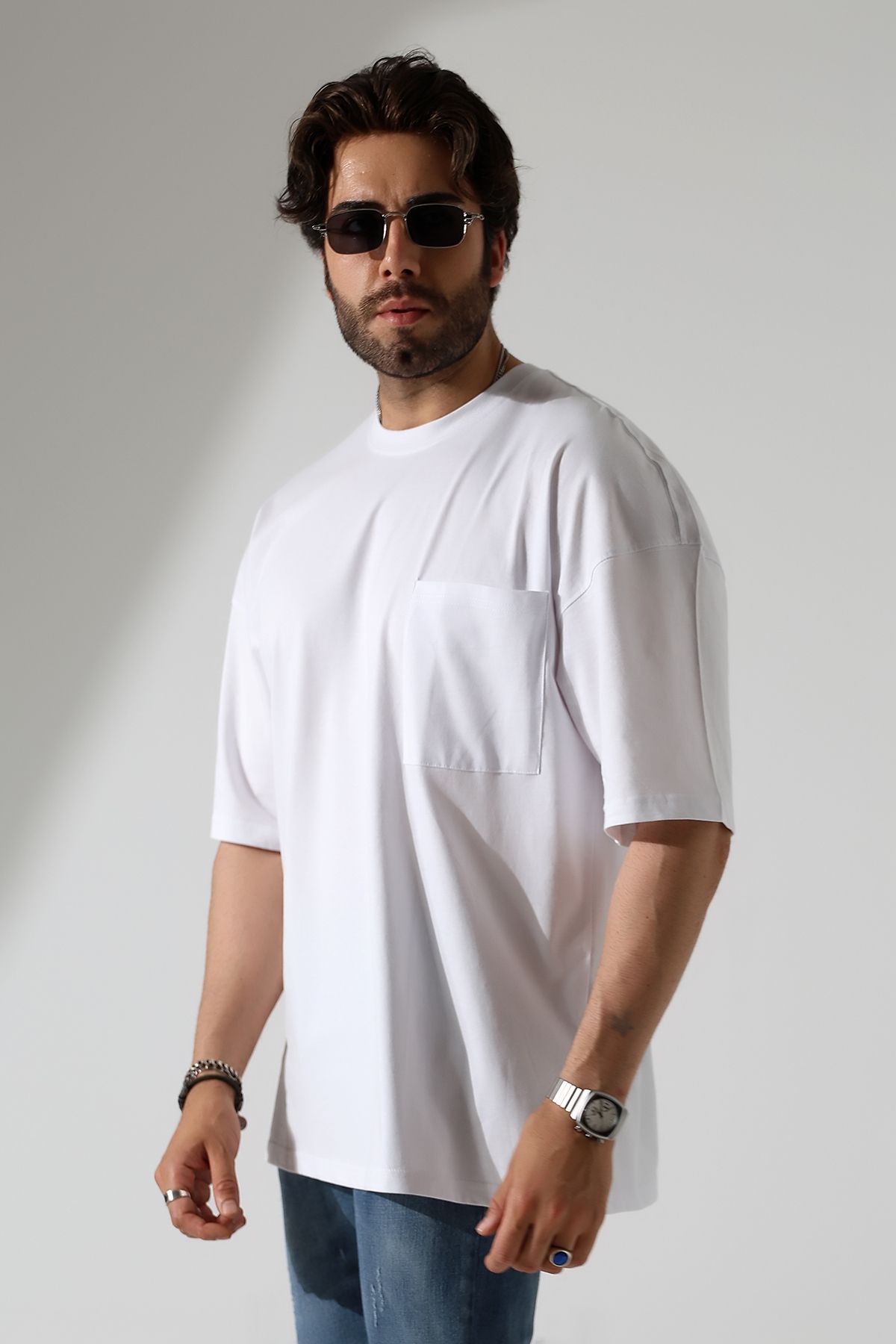 GÖMLEKÇİNİZ Oversize Bisiklet Yaka Cep Detaylı Salaş T-Shirt
