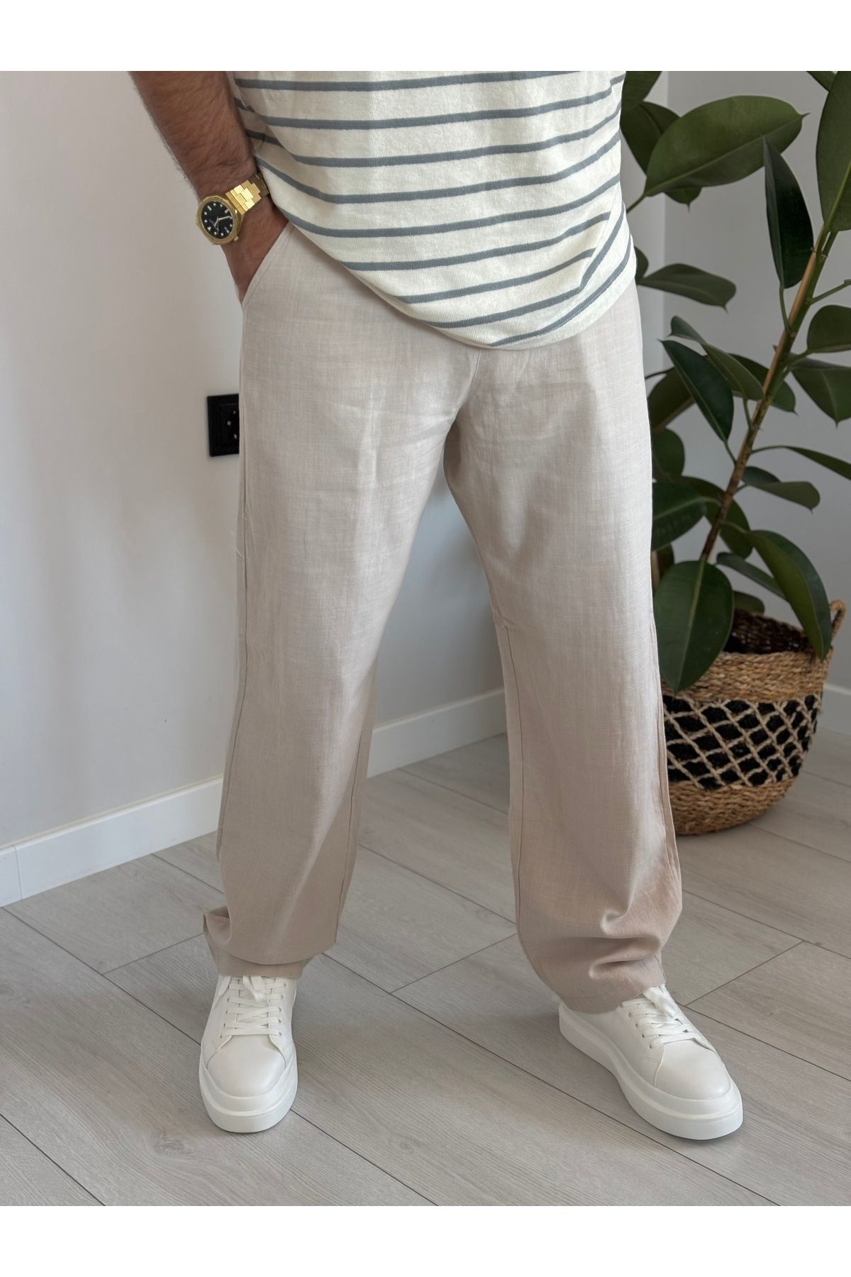 ONUR ERBİL MODA Erkek Krem Düz Paça Rahat Kesim Pantolon