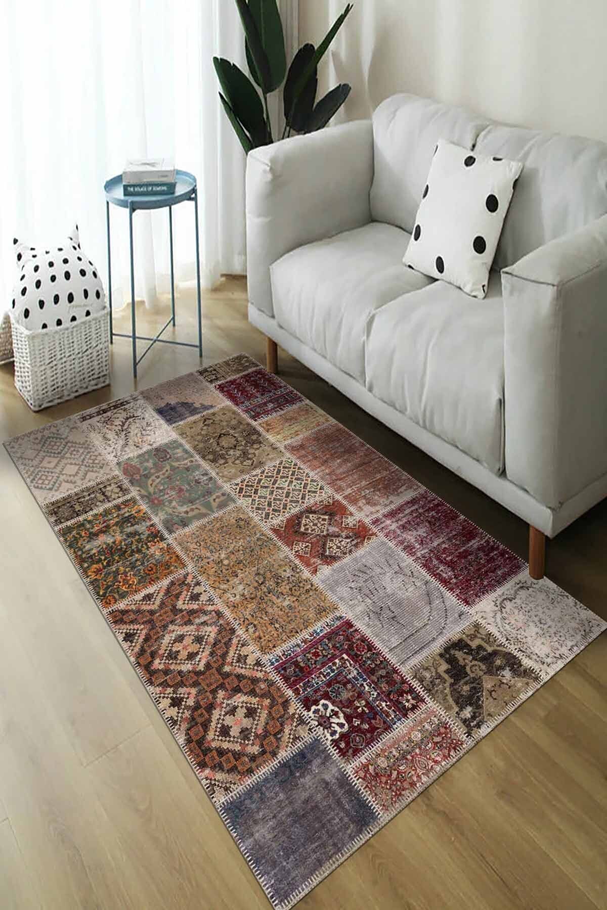 Lattedizayn Deren Eskitme Yıkanabilir Kaymaz Pamuk Taban Kadife Salon Mutfak Halısı Yolluk Kilim