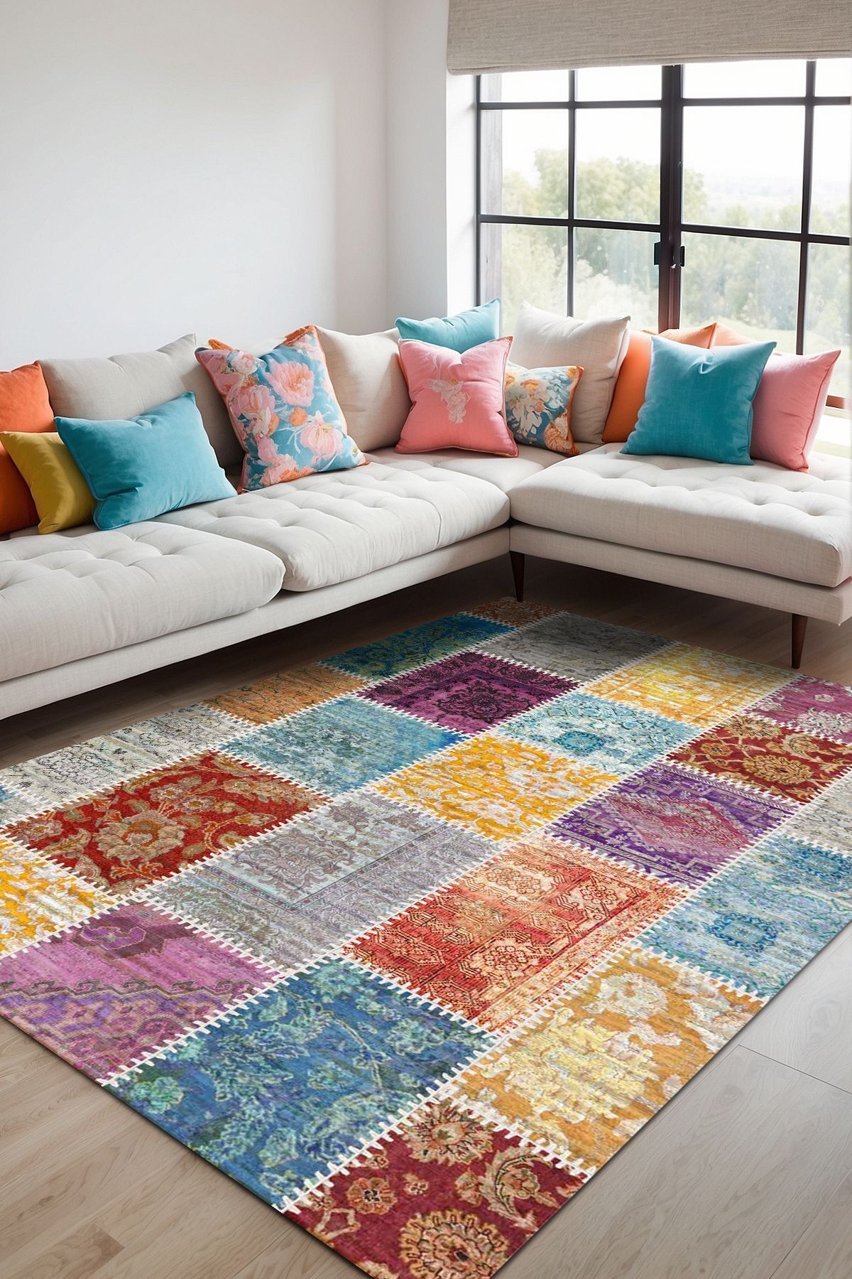 Lattedizayn Palmon Eskitme Patchwork Yıkanabilir Kaymaz Pamuk Taban Kadife Salon Mutfak Halısı Yolluk Kilim