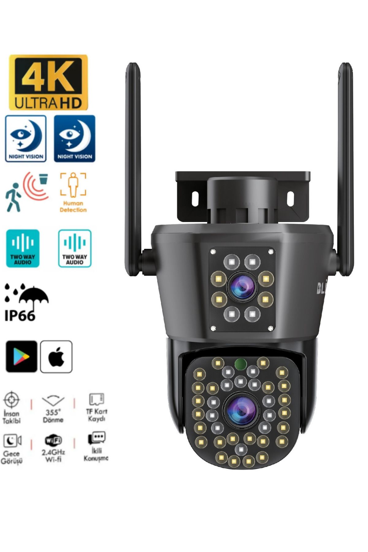DarkRage 4MP Dış Mekan IP Akıllı Kamera IP66 Sertifikalı Hareket Takip Sensör Dual Lens Güvenlik Kamerası