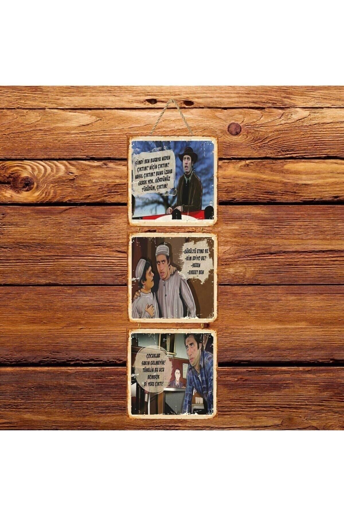 Elioure Renkli Ahşap Poster Üçlü Kemal Sunal Replikleri, Retro ve Şık Dekorasyon Seçeneği