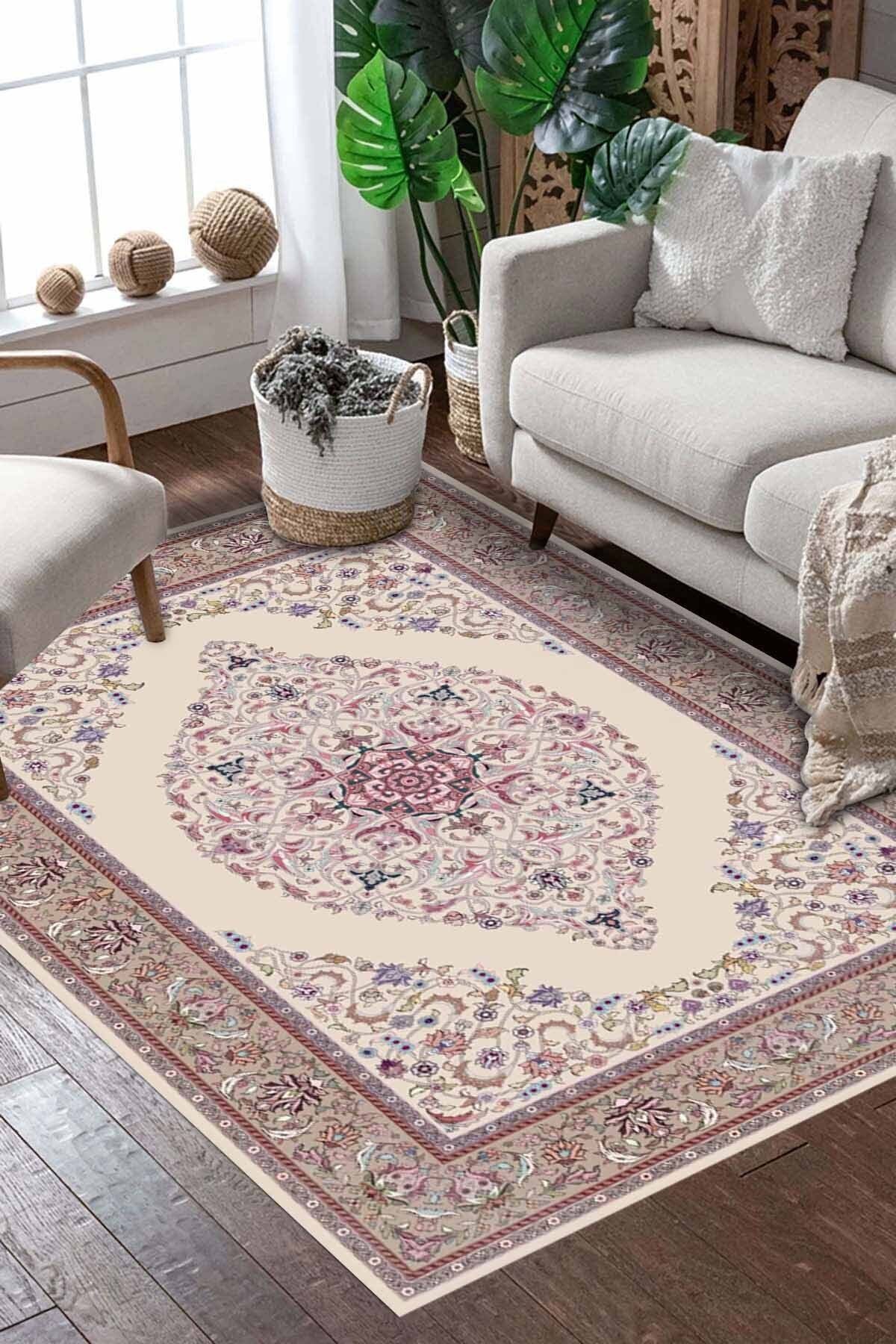 Lattedizayn Selene Eskitme Yıkanabilir Kaymaz Pamuk Taban Kadife Salon Mutfak Halısı Yolluk Kilim