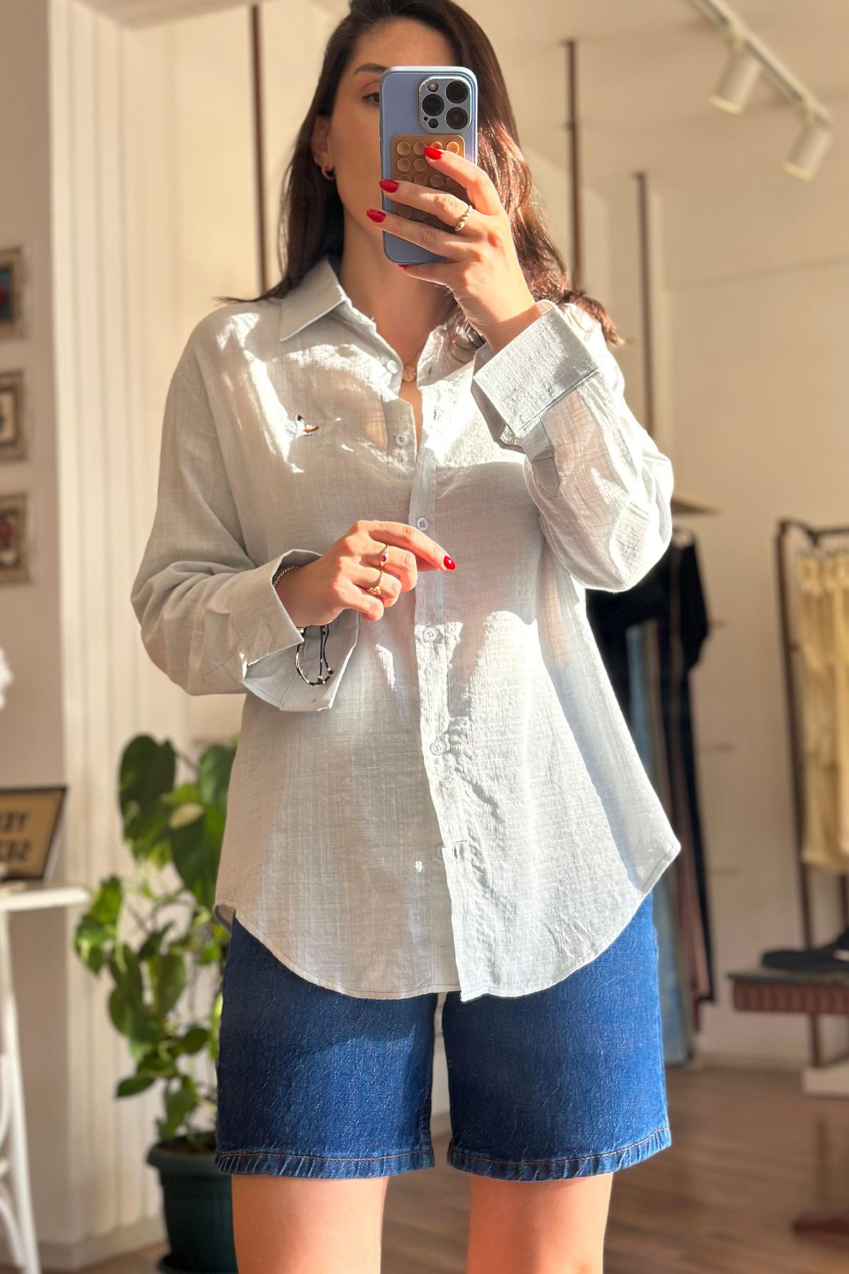 Unique Boutique Mavi Oversize Keten Gömlek
