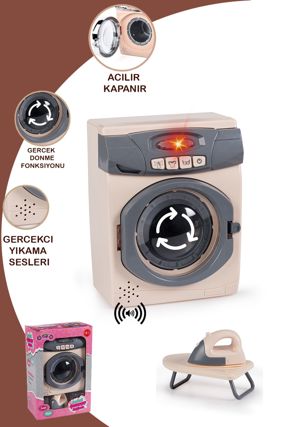 TOYZZONE TOYS STORE Işıklı Sesli Gerçekçi Çamaşır Makinesi Oyuncağı + Ütü Seti+ Dönme Fonksiyonlu