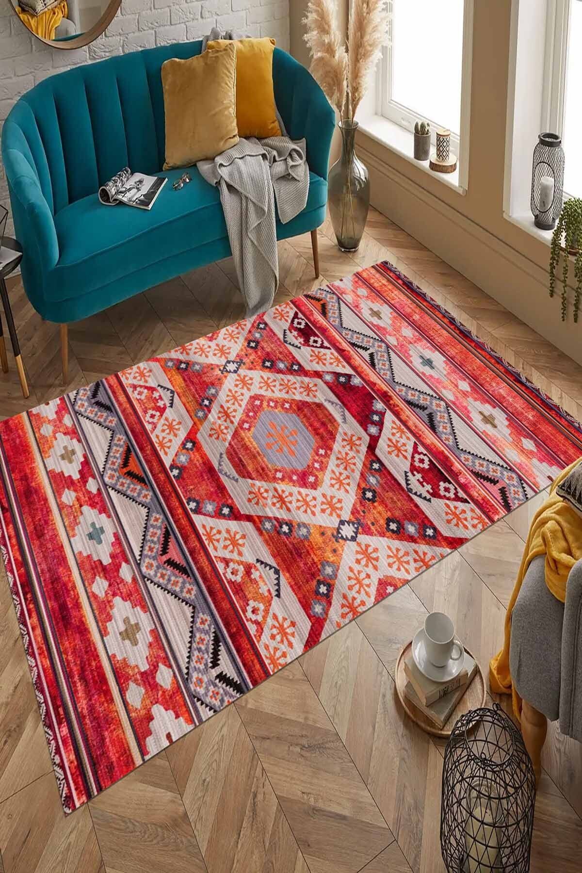 Lattedizayn Blome Eskitme Yıkanabilir Kaymaz Pamuk Taban Kadife Salon Mutfak Halısı Yolluk Kilim