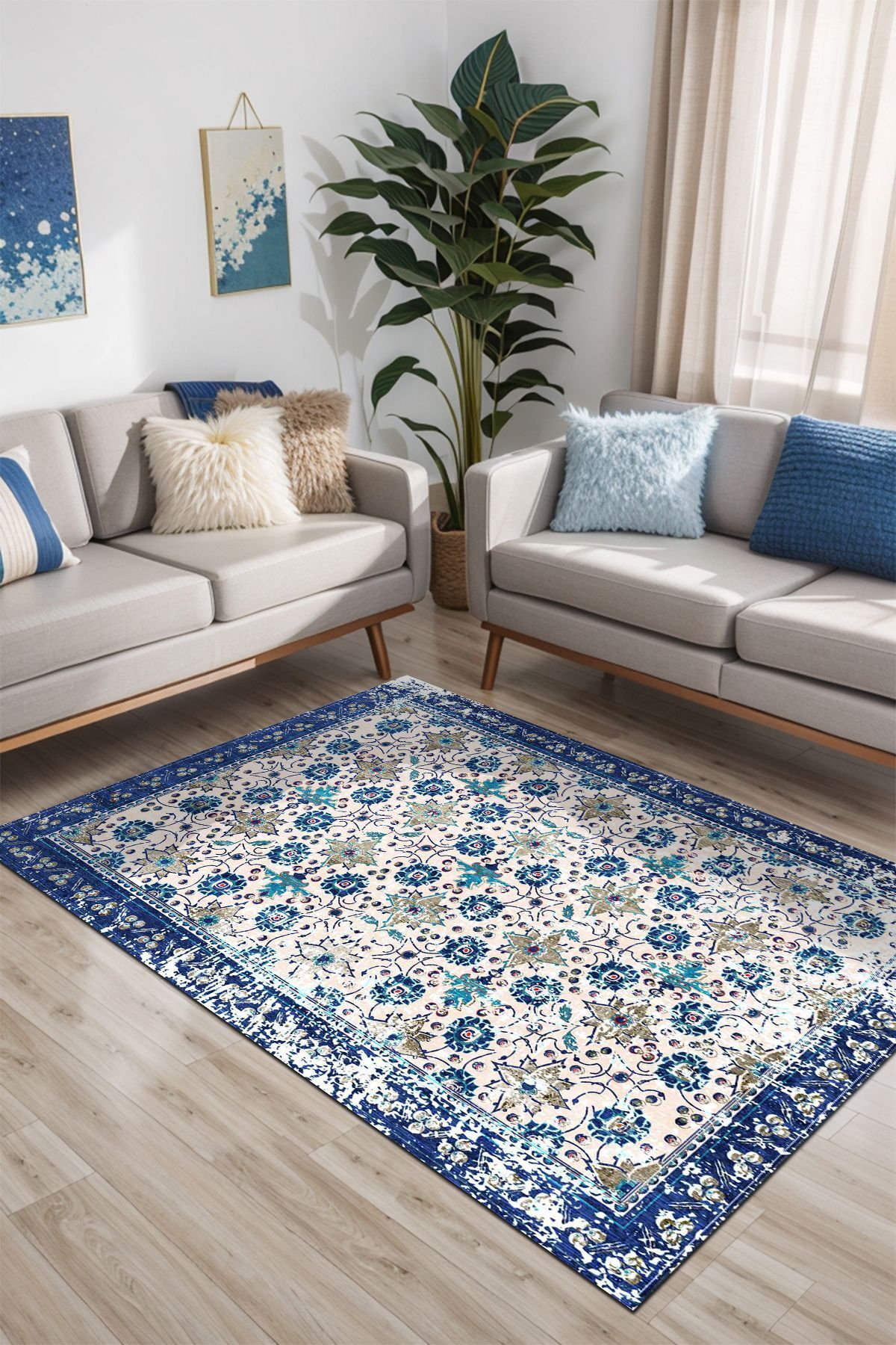 Lattedizayn Godi Eskitme Yıkanabilir Kaymaz Pamuk Taban Kadife Salon Mutfak Halısı Yolluk Kilim