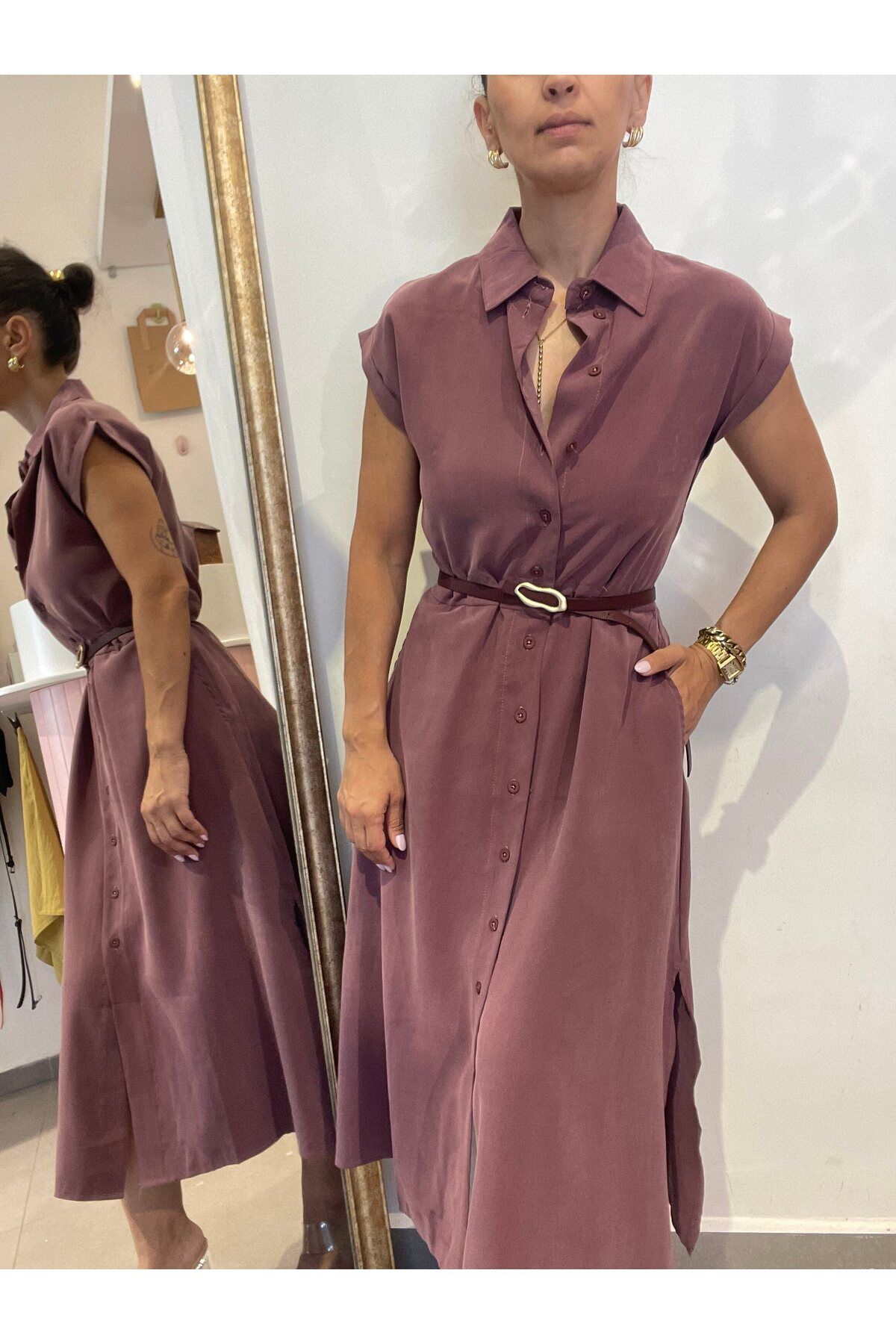 Butik Kadın, Düğmeli, Gömlek Yaka, Beli Bağlama Detaylı, Yandan Mini Yırtmaçlı, Gül Kurusu Gömlek Elbise