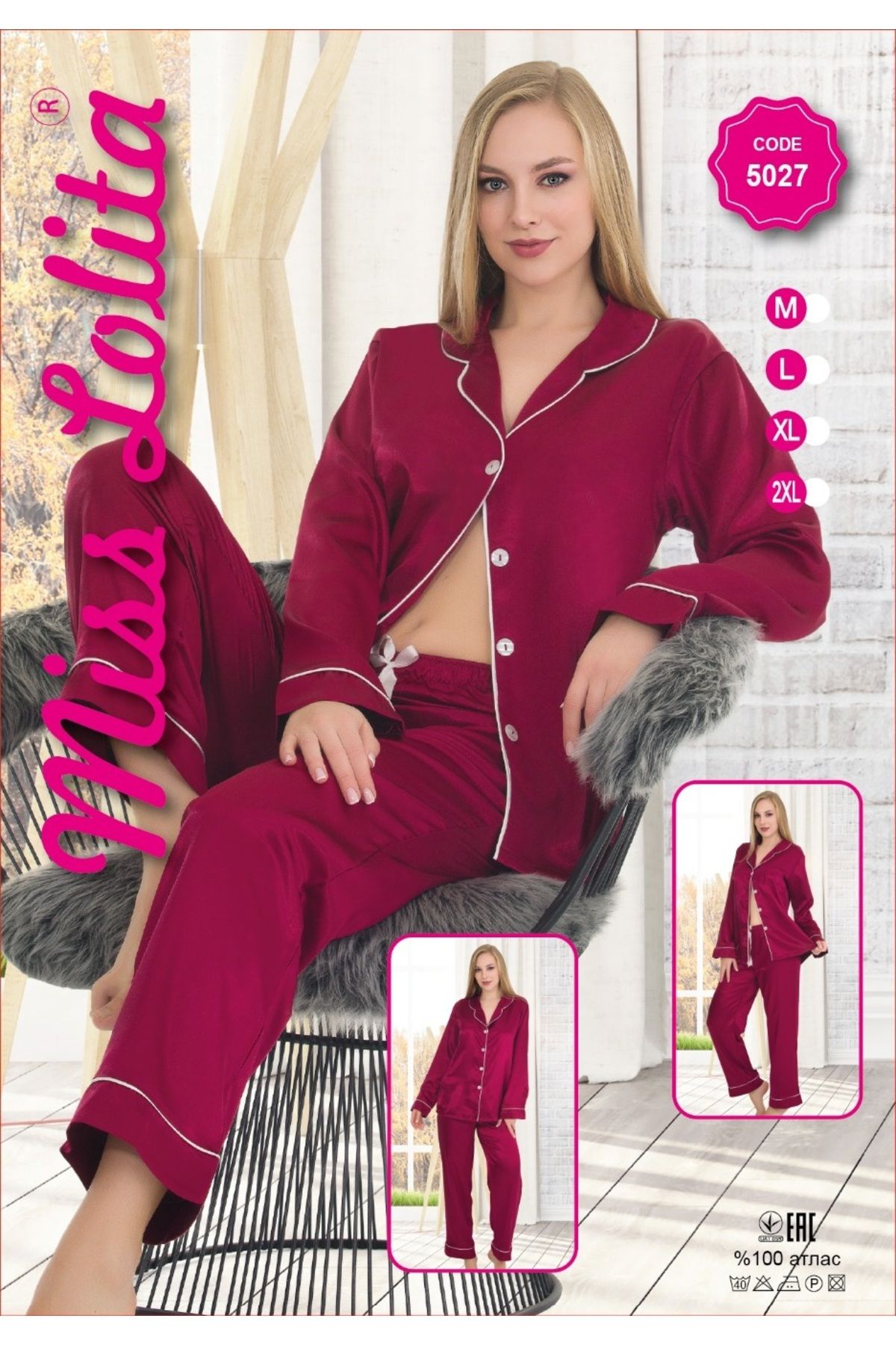 MİSS LOLİTA Kadın Uzun Kollu Likralı Saten Şık Pijama Takımı 5027