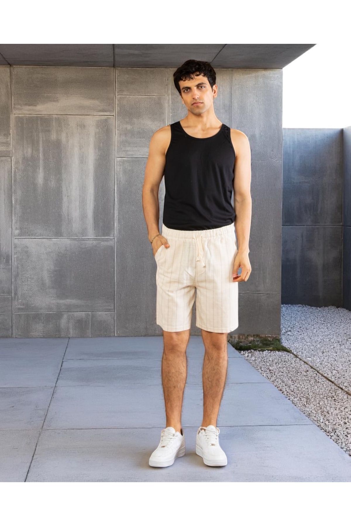 VOGUEMET Erkek Çizgili Yazlık Şort | Lastikli Bel | Cepli Rahat Kalıp Günlük Model