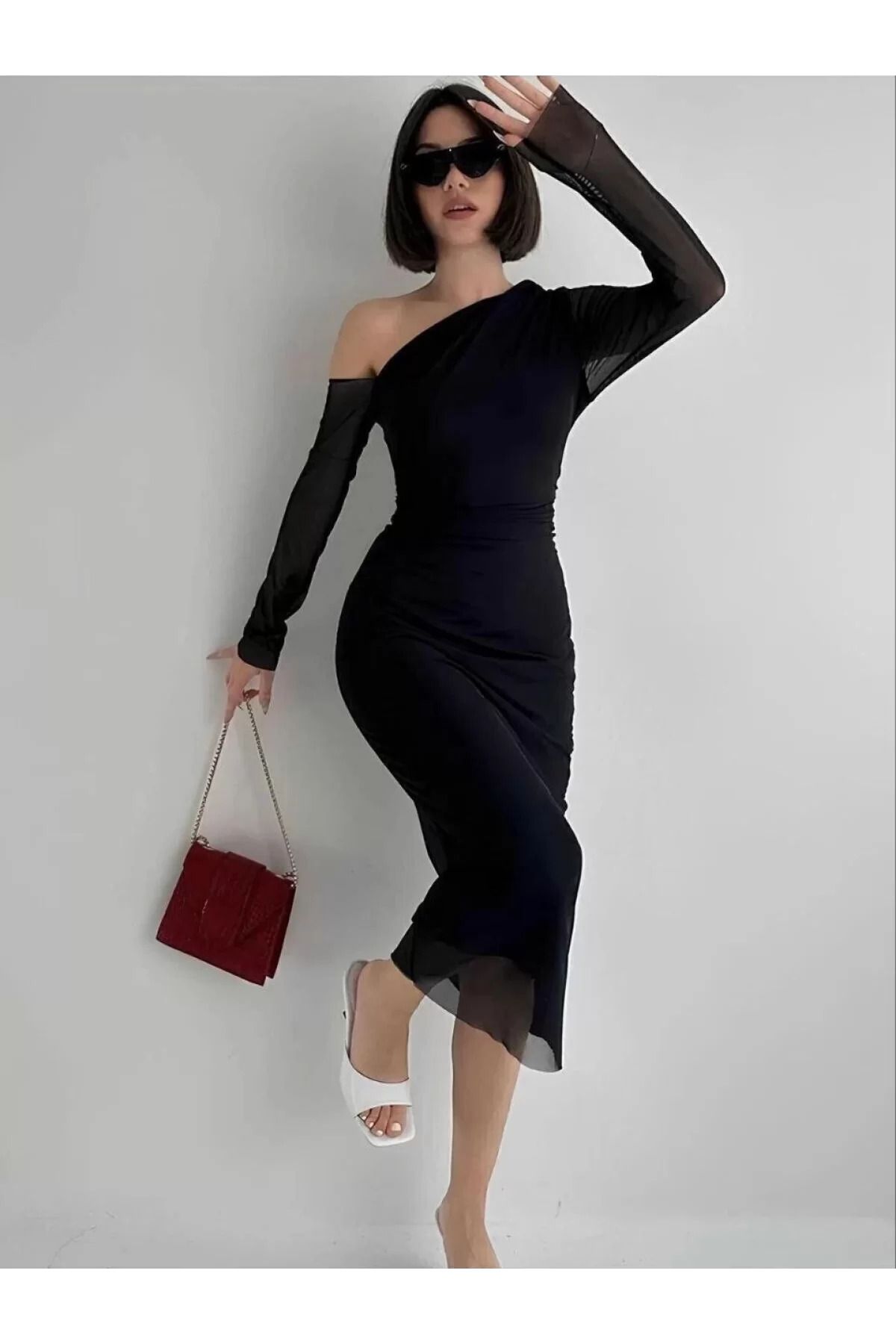 ruum fashions Omuz asimetrik Detaylı Uzun Şifon Elbise