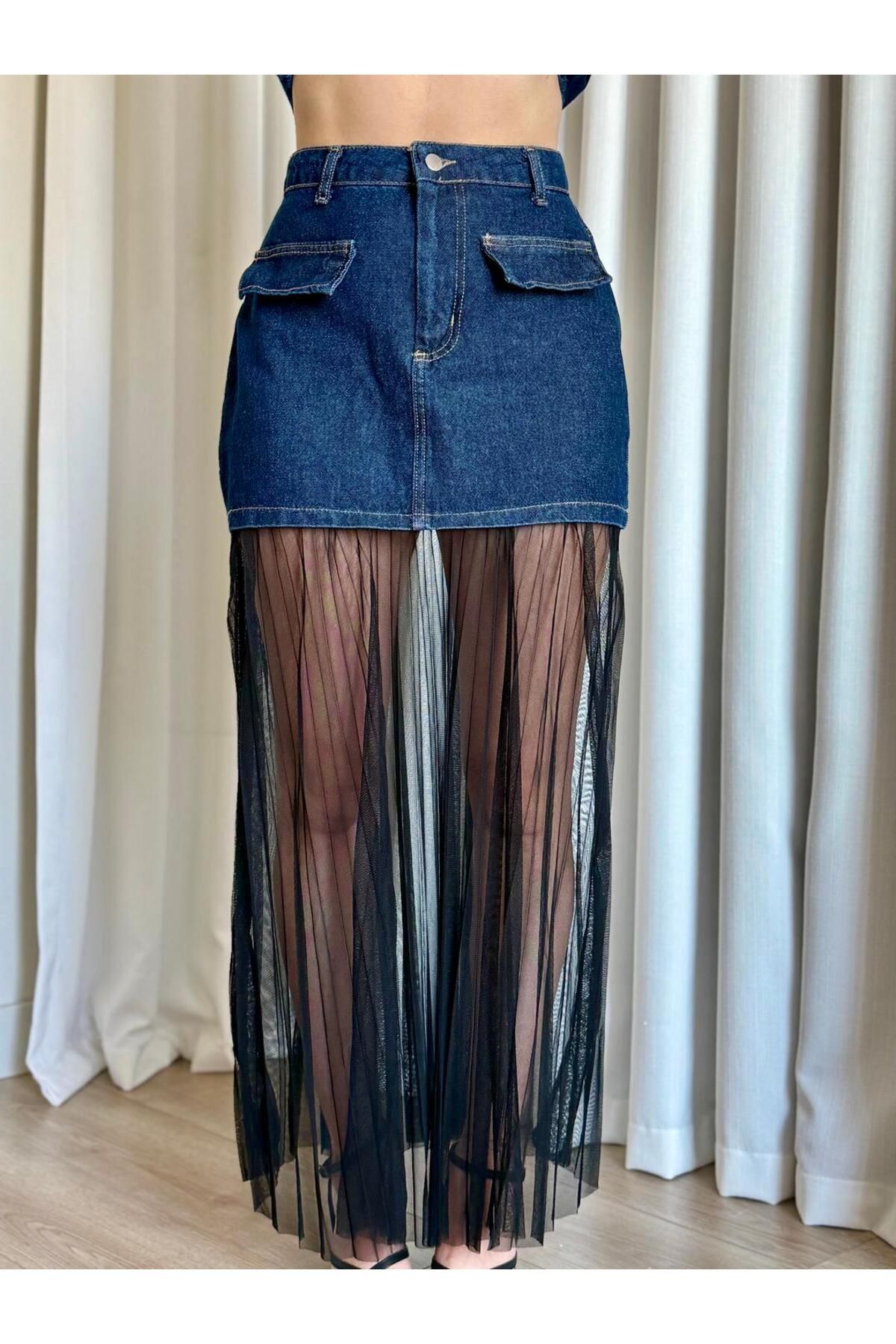 ROUPAS Tül Detaylı Kot Etek